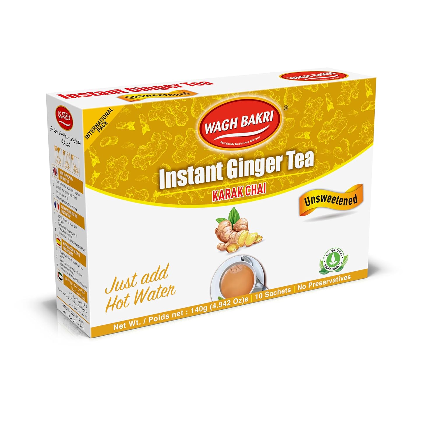 Wagh Bakri Instant Ginger Tea Unsweetened 4.924 oz